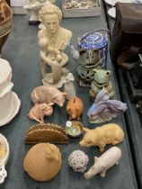 A COLLECTION OF FIGURES TO INCLUDE A BUST OF CHOPIN, WILLOW TREE 'ANGEL OF HEALING', FROGS, PIGS,