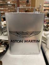 A SILVER METAL ASTON MARTIN PETROL CAN WITH BRASS TOP