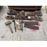 AN ASSORTMENT OF VINTAGE WOOD PLANES AND GUAGES ETC
