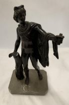 A BRONZE FIGURE OF A MALE ON A MARBLE BASE