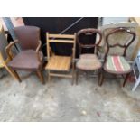 TWO VICTORIAN BEDROOM CHAIRS, FOLDING CHAIR AND MID 20TH CENTURY DESK CHAIR
