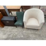 A MODERN TUB CHAIR, BEDROOM CHAIR AND BOX STOOL / SHOE RACK