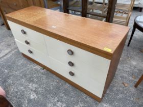 A RETRO TEAK AND PAINTED 'FRAYLINE' CHEST OF SIX DRAWERS, 54" WIDE