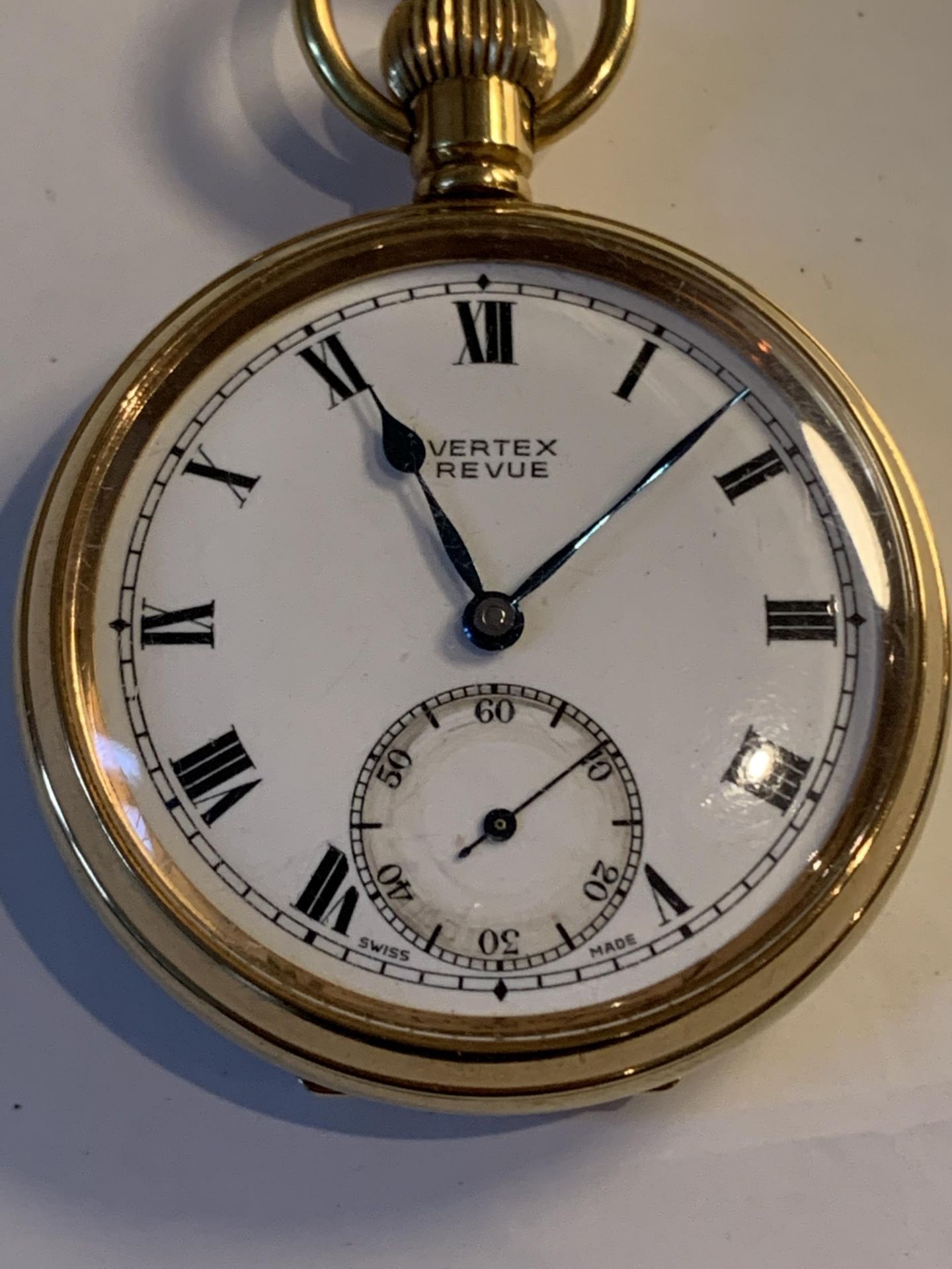 A GOLD PLATED VERTEX REVUE POCKET WATCH SEEN WORKING BUT NO WARRANTY - Image 2 of 3