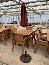 AN AS NEW EX DISPLAY CHARLES TAYLOR FOUR SEATER TABLE, FOUR CHAIRS A PARASOL AND BASE +VAT