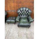 A GREEN LEATHER 'WINCHESTER FURNITURE' CHESTERFIELD EASY CHAIR AND STOOL