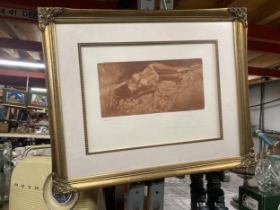 A GILT FRAMED PENCIL SIGNED NUDE STUDY PRINT, INDISTINCTLY SIGNED