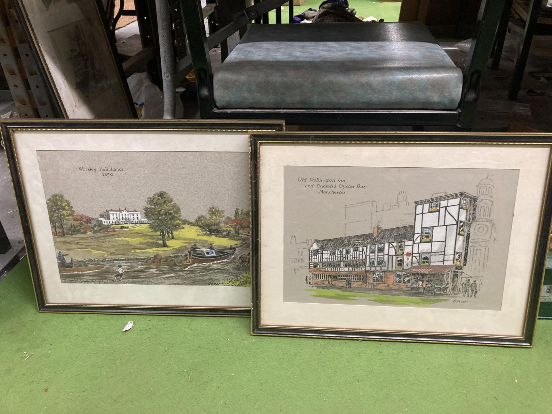 TWO FRAMED WATERCOLOURS - OLD WELLINGTON INN, MANCHESTER AND WORSLEY HALL, LANCS, BOTH SIGNED