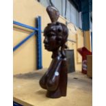 A HEAVY WOOD CARVED TRIBAL BUST OF A LADY, HEIGHT 45CM