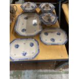 A QUANTITY OF ADAMS 'JULIET' BLUE AND WHITE DINNERWARE TO INLUDE SERVING PLATTERS AND THREE LIDDED