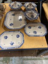 A QUANTITY OF ADAMS 'JULIET' BLUE AND WHITE DINNERWARE TO INLUDE SERVING PLATTERS AND THREE LIDDED
