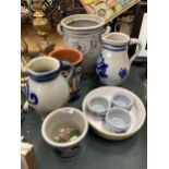 A QUANTITY OF STUDIO POTTERY STYLE STONEWARE TO INCLUDE A LARGE POT, JUGS, BOWLS, A VASE AND PLANTER