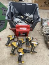 AN ASSORTMENT OF DEWALT BATTERY TOOLS, A POWER PACK AND CABLE TIES ETC
