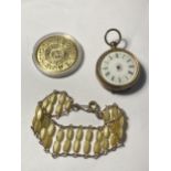 THREE ITEMS TO INCLUDE A POCKET WATCH (A/F), AN ASIAN COIN AND A BRACELET