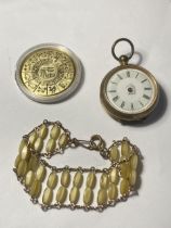 THREE ITEMS TO INCLUDE A POCKET WATCH (A/F), AN ASIAN COIN AND A BRACELET