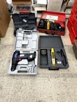 AN ASSORTMENT OF TOOLS TO INCLUDE A BATTERY DRILL AND A 110V DRILL ETC