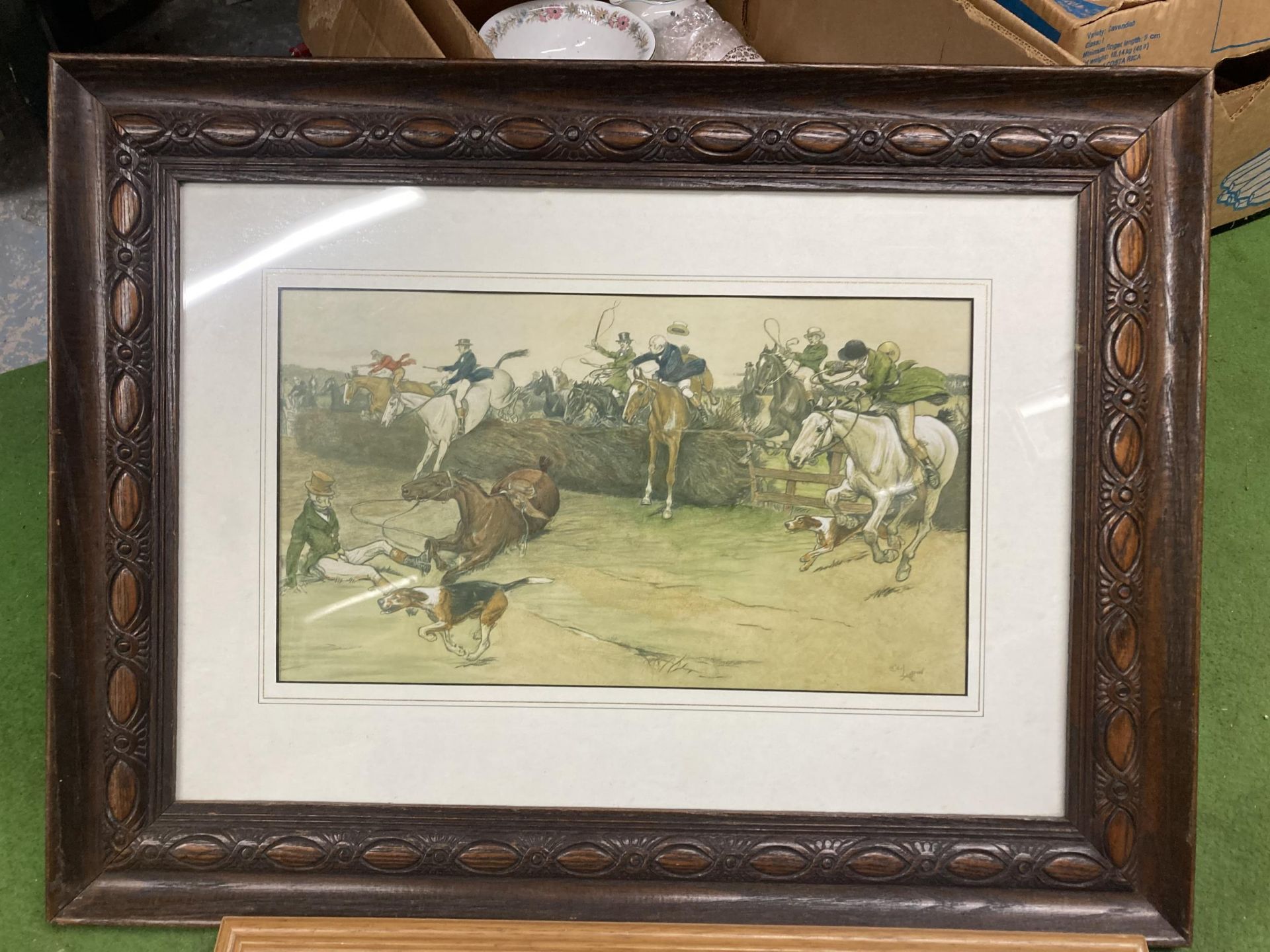 THREE FRAMED HORSE RELATED PRINTS, COMICAL HORSE JUMPING SCENE ETC - Image 4 of 5