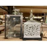 TWO ITEMS - MODERN METAL AND GLASS LANTERN AND CARVED WOODEN TABLE LAMP
