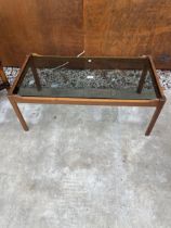 A MYER RETRO TEAK COFFEE TABLE WITH INSET SMOKED GLASS TOP, 35 X 18"