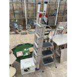 AN ABRU THREE RUNG STEP LADDER AND THREE WAY FOLDING LADDER