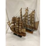 TWO WOODEN MODELS OF SAILING SHIPS, HEIGHTS 45CM AND 35CM, LENGTHS 51CM AND 35CM