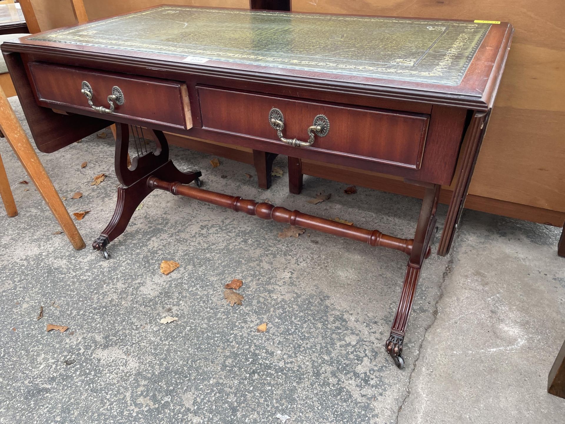 A LOW MAHOGANY SOFA TABLE WITH INSET LEATHER TOP WITH LYRE ENDS - Image 3 of 3