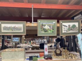 THREE FRAMED TAPESTRY TOWN SCENE PICTURES, RYDEL MOUNT ETC