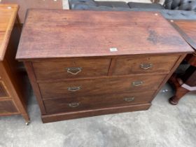 A VICTORIAN MAHOGANY CHEST OF TWO SHORT AND TWO LONG DRAWERS WITH BRASS HANDLE, 39" WIDE