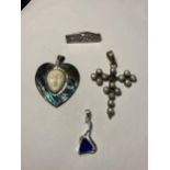 FOUR ITEMS TO INCLUDE THREE SILVER PENDANTS AND A SILVER BROOCH