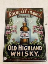 A METAL OLD HIGHLAND WHISKY SIGN, 30CM X 40CM