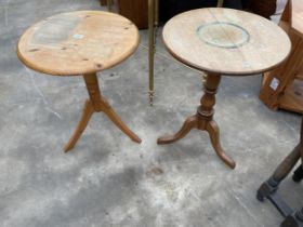 A MODERN OAK TRIPOD WINE TABLE, 18.5" DIAMETER AND PINE EXAMPLE, 19" DIAMETER