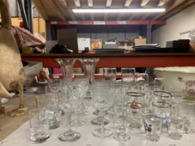 A COLLECTION OF GLASSES, BRANDED SHOT GLASSES ETC