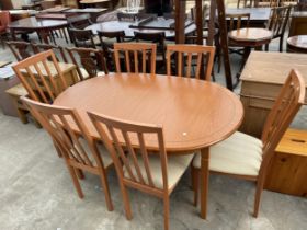 A 'MORRIS FURNITURE COMPANY' EXTENDING DINING TABLE, 56 X 37" (LEAF 15") AND SIX CHAIRS