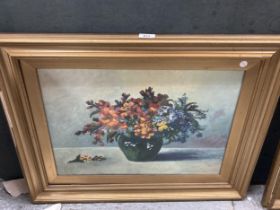 AN OIL ON CANVAS STILL LIFE PAINTING OF FLOWERS IN A VSE, POSSIBLY BY JEAN COOK, 64CM X 59CM