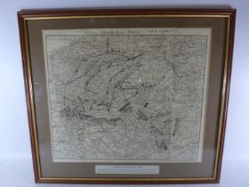 A HAND ANNOTATED MAP OF THE FIRST BATTLE OF MARNE DATED 1914, 40 X 41CM, FRAMED AND GLAZED