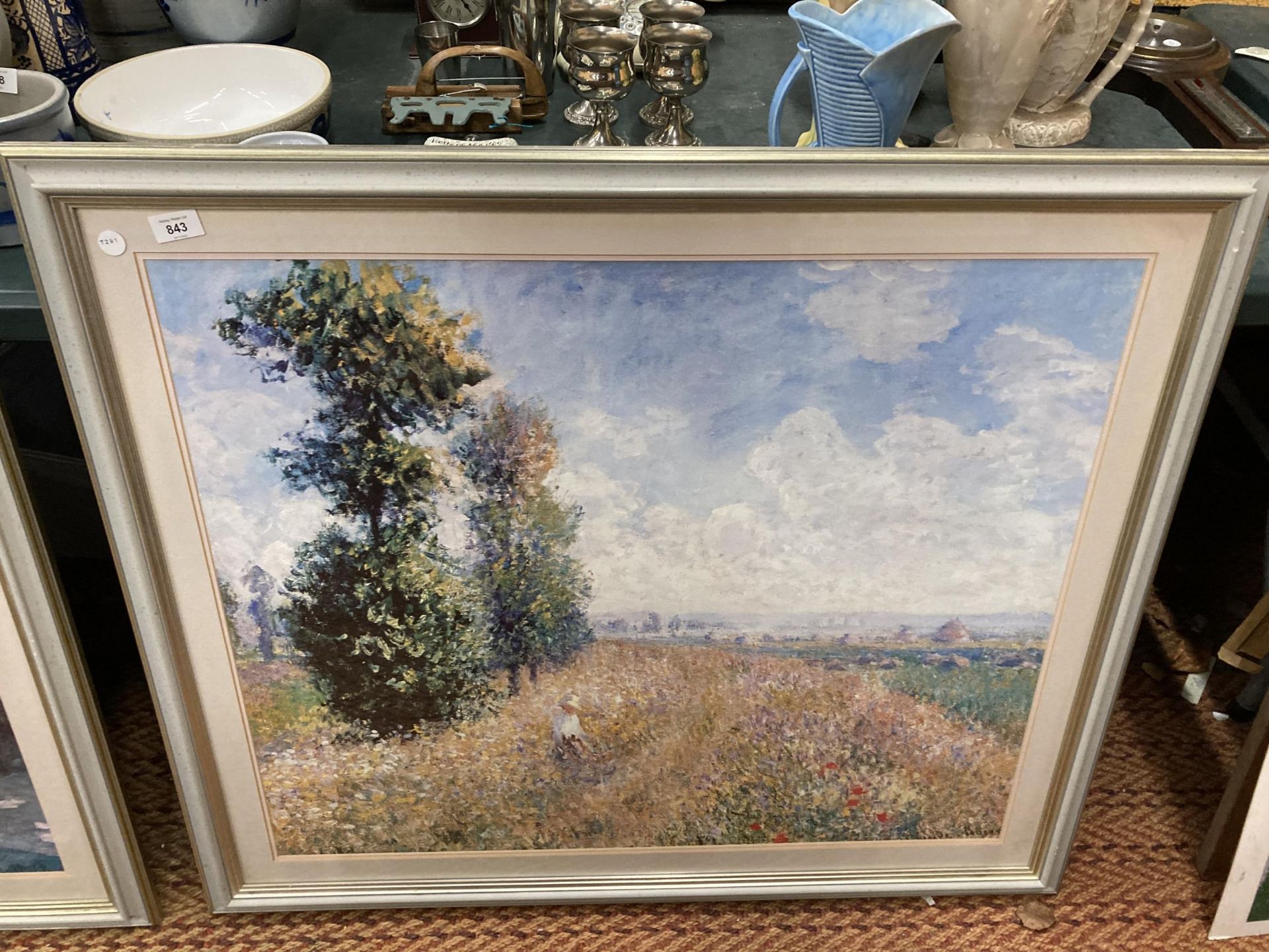 A LARGE FRAMED CLAUDE MONET PRINT 'SUMMERFIELD', 100CM X 86CM