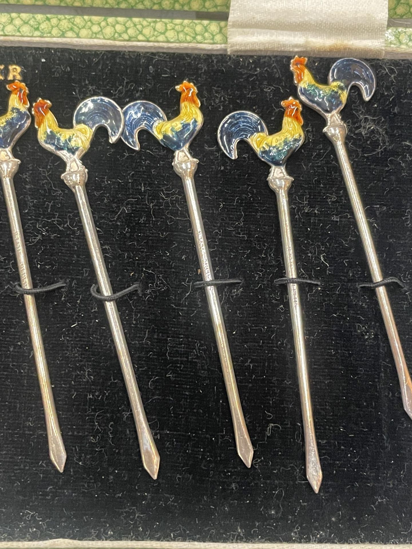 A CASED SET OF STERLING SILVER AND ENAMEL COCKEREL COCKTAIL STICKS - Image 3 of 4