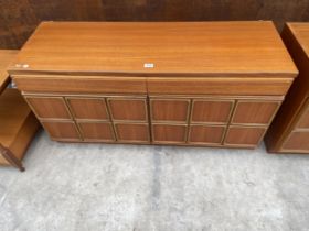 A McINTOSH RETRO TEAK SIDEBOARD ENCLOSING TWO DRAWERS AND TWO CUPBOARDS, 47" WIDE