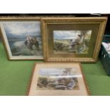 THREE VINTAGE PRINTS TO INCLUDE ORNATE GILT FRAMED COUNTRYSIDE BIRKET FOSTER SCENE EXAMPLE ETC