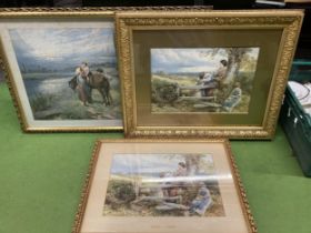 THREE VINTAGE PRINTS TO INCLUDE ORNATE GILT FRAMED COUNTRYSIDE BIRKET FOSTER SCENE EXAMPLE ETC
