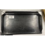 A VINTAGE EBONY DRESSING TRAY WITH HALLMARKED SILVER CORNERS