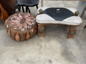 A MODERN CAMEL STOOL AND LEATHER POUFFE