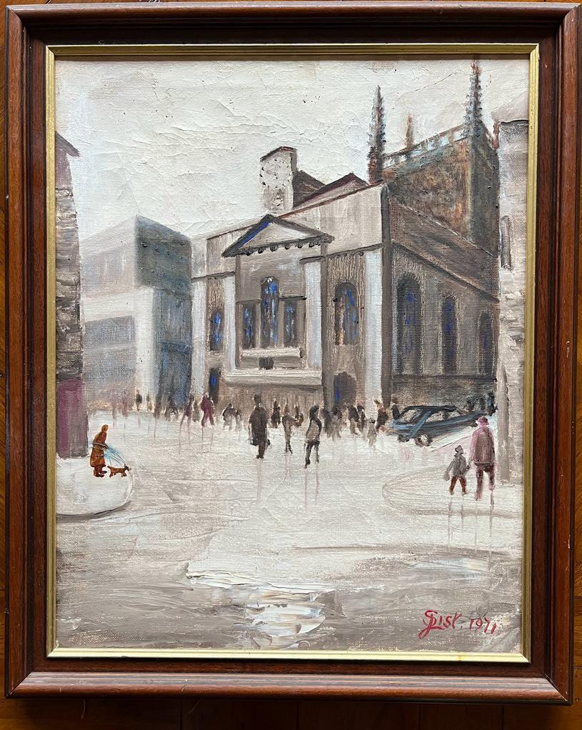 A 1970S FRAMED NORTHERN ART OIL ON CANVAS PAINTING OF A MANCHESTER SCENE, SIGNED J SIST 1971