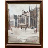 A 1970S FRAMED NORTHERN ART OIL ON CANVAS PAINTING OF A MANCHESTER SCENE, SIGNED J SIST 1971