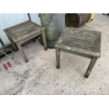 A PAIR OF WOODEN GARDEN SIDE TABLES