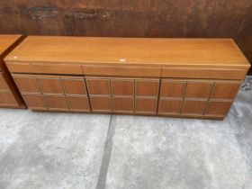 A McINTOSH RETRO TEAK SIDEBOARD ENCLOSING THREE DRAWERS AND THREE CUPBOARDS, 71" WIDE