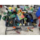 AN ASSORTMENT OF GARDEN ITEMS TO INCLUDE SPRAYS AND BRUSHES ETC