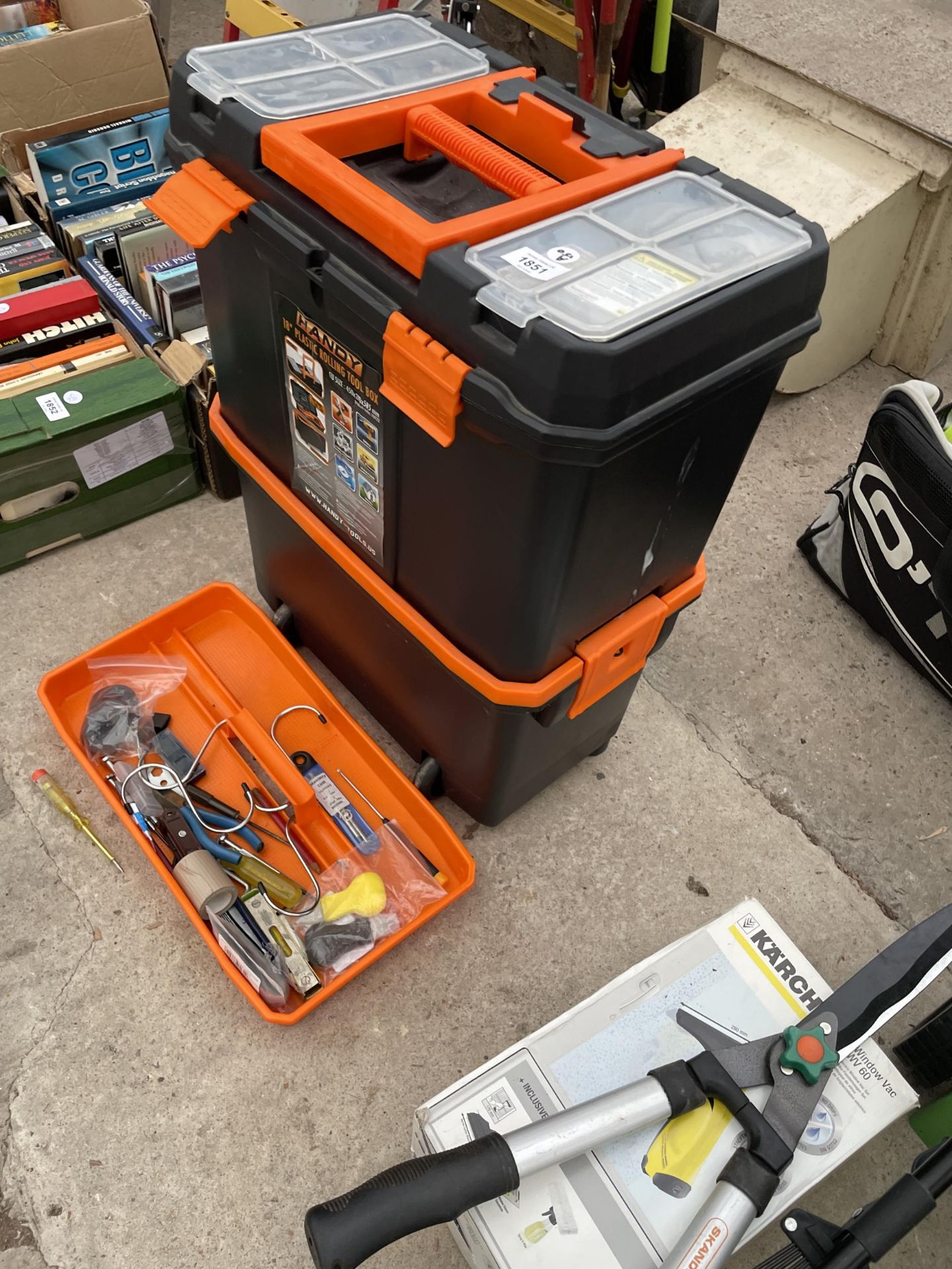 A TWO WHEELED STACKING TOOL BOX AND AN ASSORTMENT OF TOOLS TO INCLUDE PLIERS AND HAMMERS ETC - Image 2 of 2