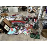 A LARGE ASSORTMENT OF CHRISTMAS ITEMS AN DECORATIONS TO INCLUDE SIGNS, TREES AND TREE STANDS ETC