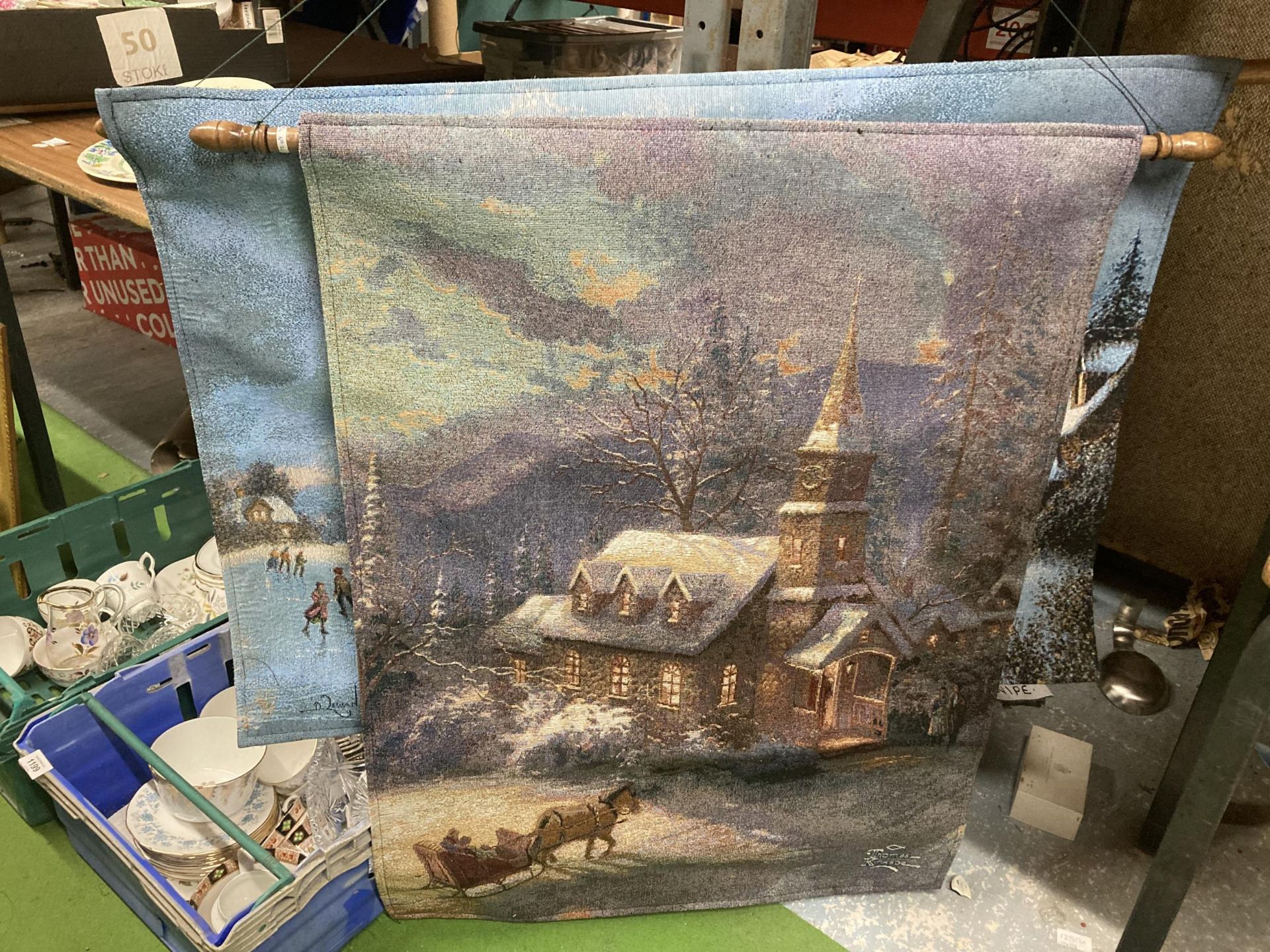 TWO VINTAGE TAPESTRY HANGINGS OF WINTER SCENES